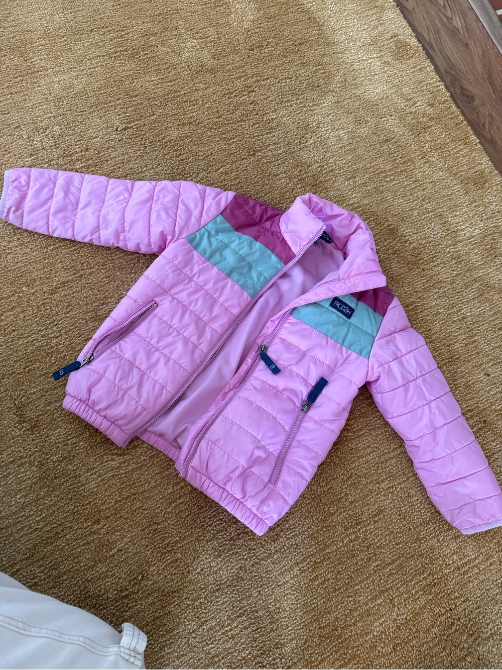 Kids Pink Colorblock Puffer Jacket with Teal and Burgundy Accents